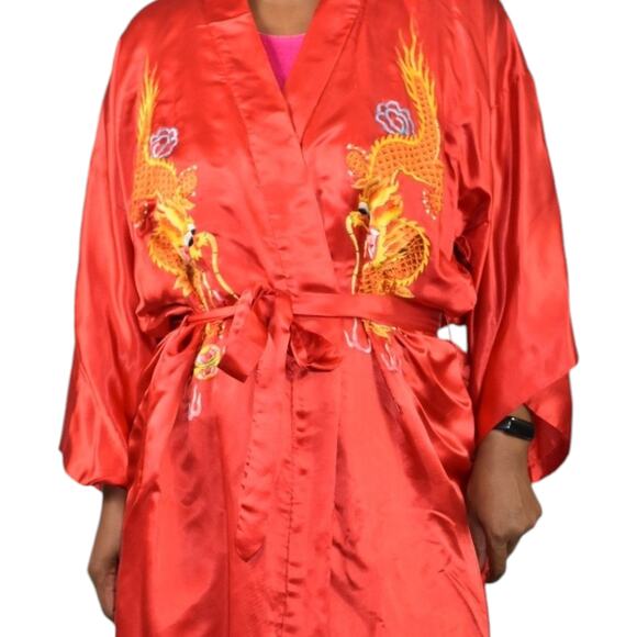 Embroidered Silk Robe Kimono Red Susi Dragon Wrap Chinese Asian Satin Size Large - Picture 5 of 16